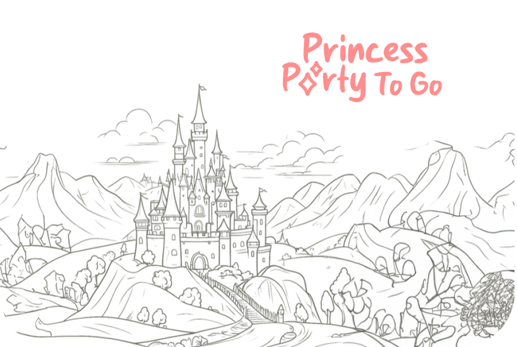 Illustrated fairytale castle among hills with the Princess Party To Go wordmark