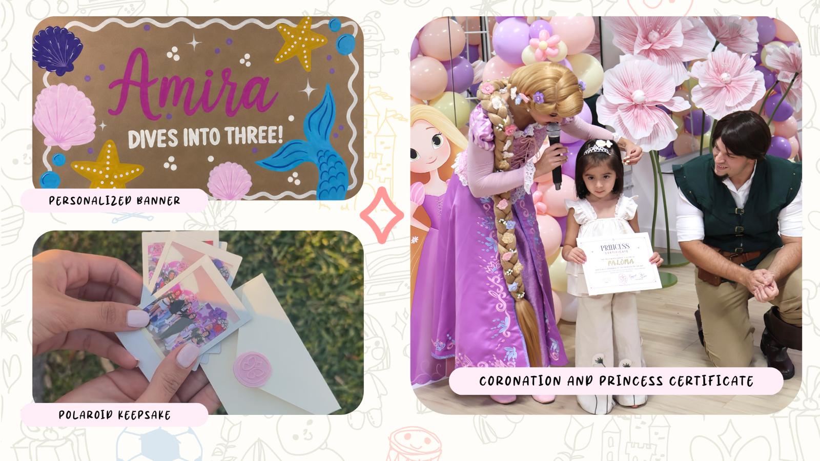 Personalized banner, Polaroid keepsake and coronation with princess certificate add-ons