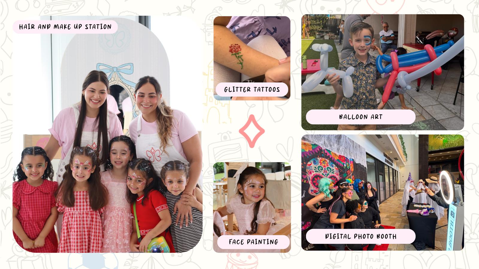 Kids enjoying a hair and makeup station and colorful face painting designs