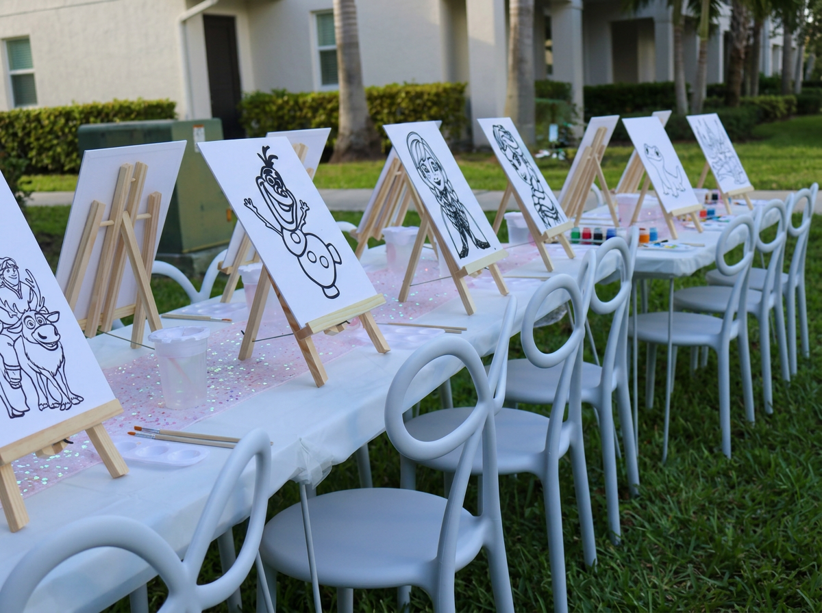 Fully set up canvas painting station with easels and chairs ready for guests